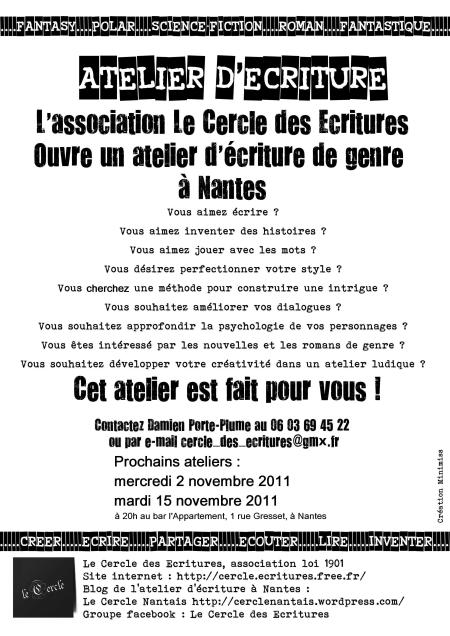Affiche de l'atelier d'écriture du Cercle nantais (2 et 15 novembre)