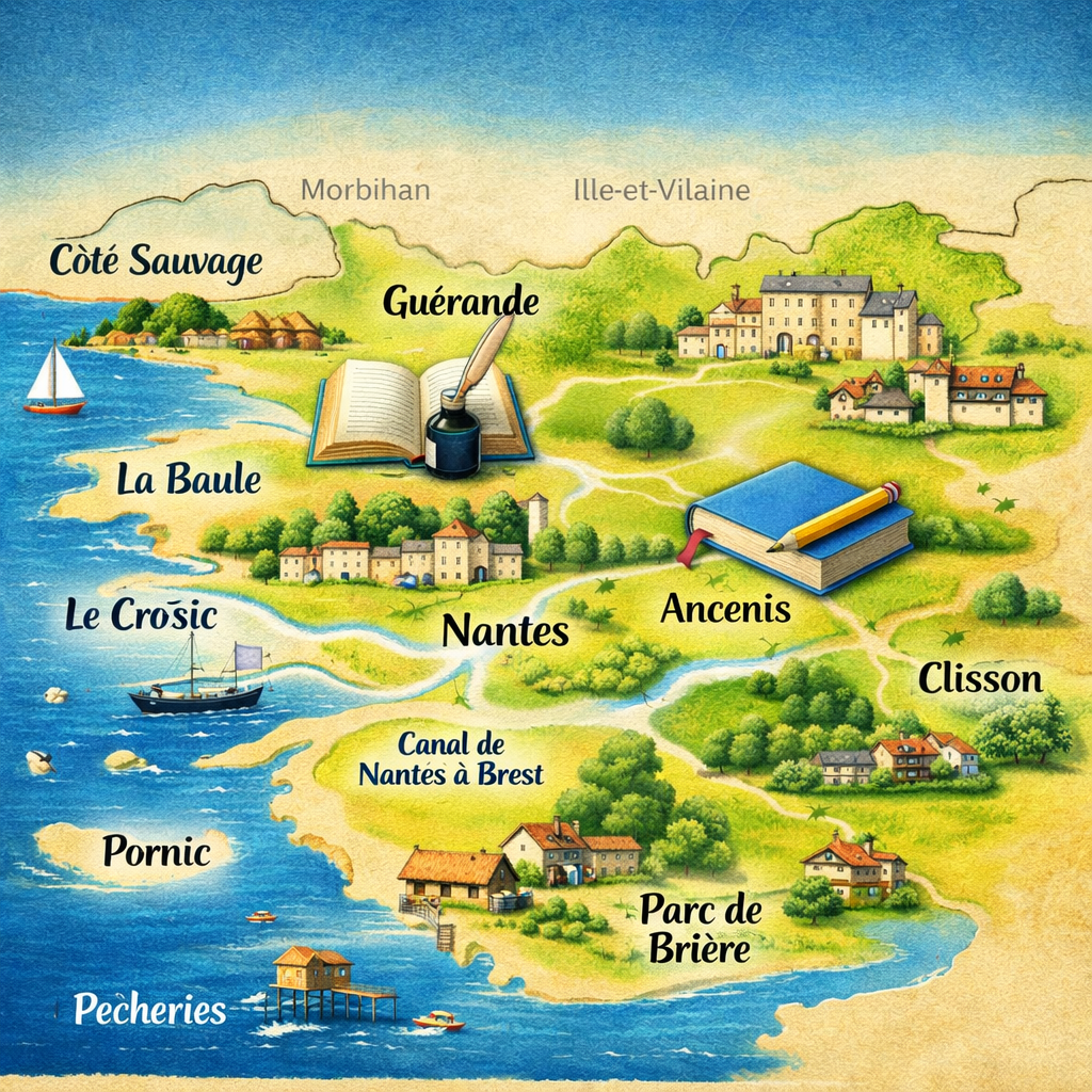 Illustrated map of Loire-Atlantique featuring Nantes, Ancenis, and local landmarks