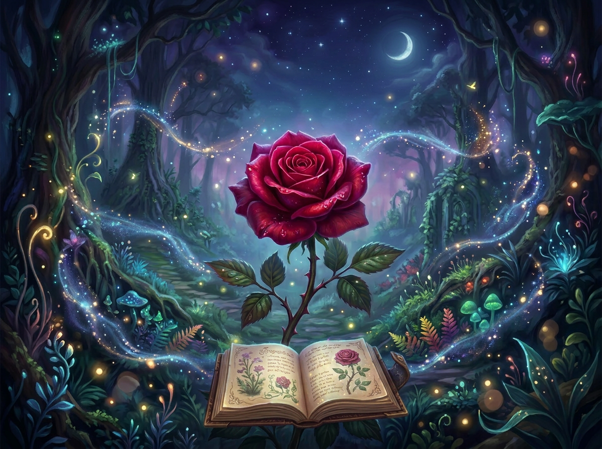 Red rose with glowing text 'Dream Beyond The Veil Of Magic Where Light Awakens' in a mystical forest at night