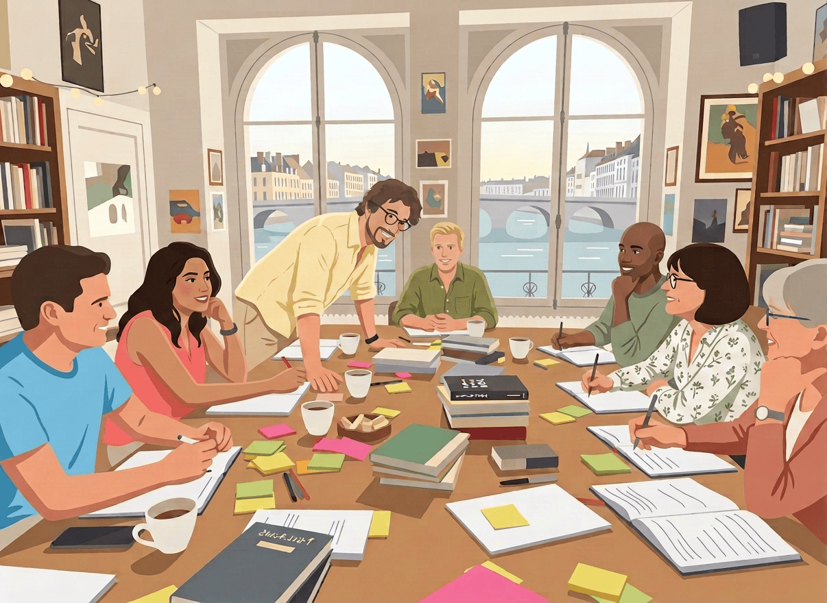 A writing workshop scene in a warm Nantes café with the Loire river visible through large windows in the background. A dynamic male facilitator, around 40 years old, with brown hair and glasses, stands or leans forward enthusiastically engaging with participants. Around the table sit adult participants, men and women aged 20 to 65, looking engaged and creative. The table is covered with books, loose sheets of paper, notebooks, pens, and colorful sticky notes (post-its in yellow, pink, blue, green). The café has a cozy, literary atmosphere with warm lighting. The Loire river flows peacefully outside the windows in soft afternoon light. French café interior style.