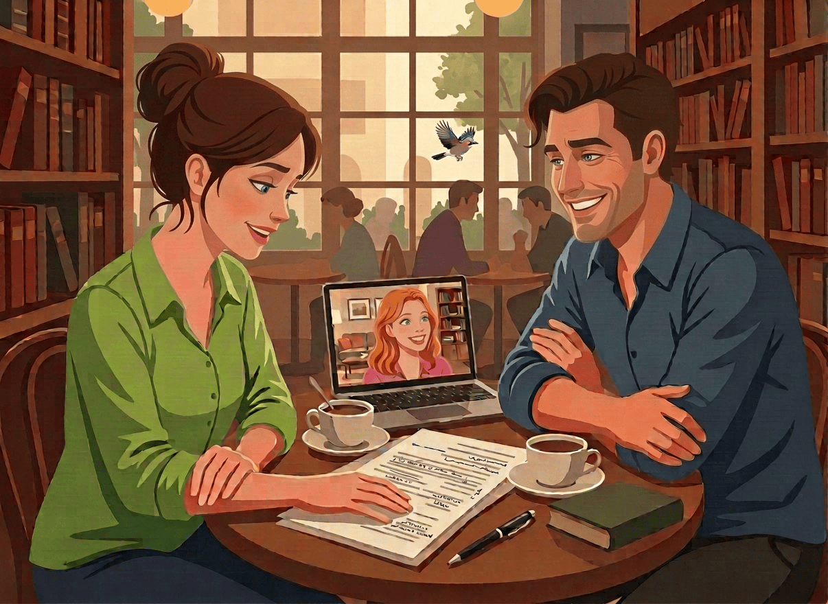 A warm, intimate literary coaching scene in a cozy Parisian-style café. Two people are seated at a small wooden café table. The woman is 35 years old, with a high bun hairstyle, wearing a bright apple-green shirt, looking engaged and warm. The man is 40 years old, with brown hair and striking green eyes, leaning slightly forward in conversation. On the café table there is a paper manuscript — printed pages with handwritten annotations. There is also a small open laptop computer with a video call visible on screen showing a young 25-year-old redheaded woman on the video call. The café setting has soft warm ambient lighting, bookshelves in the background, coffee cups on the table, a gentle literary and creative atmosphere. The overall mood is collaborative, intellectual, and welcoming. Illustration style: warm, detailed, slightly painterly digital art with rich colors.