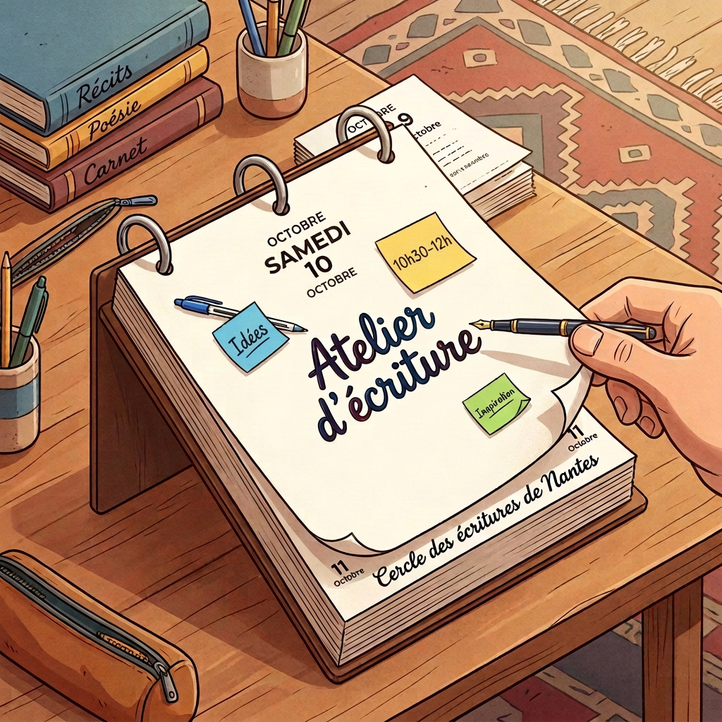 Planner page reading “Atelier d’écriture,” October 10, with colorful notes